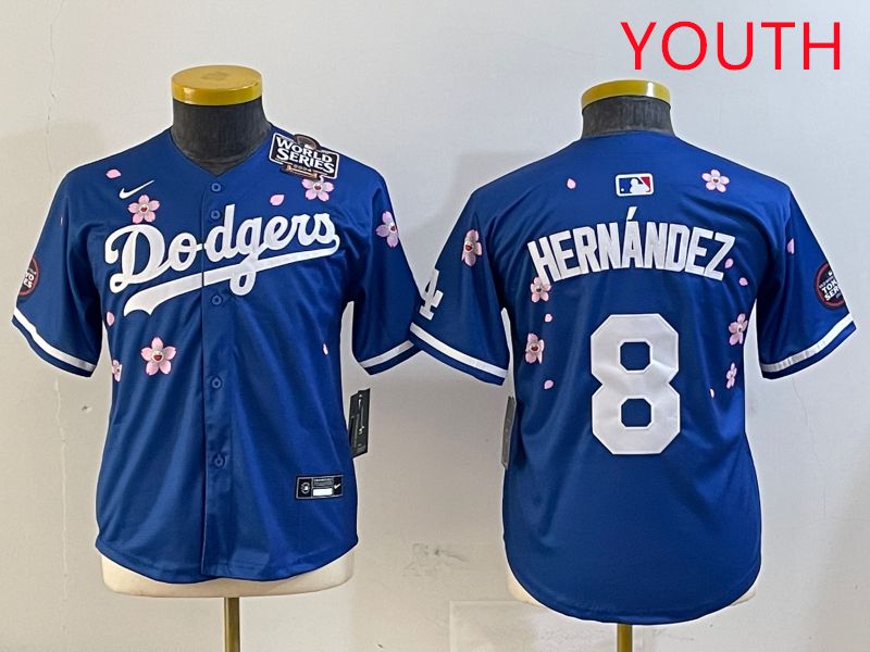 Youth Los Angeles Dodgers 8 Hernandez Blue Sakura Edition 2025 Nike MLB Jersey style 3